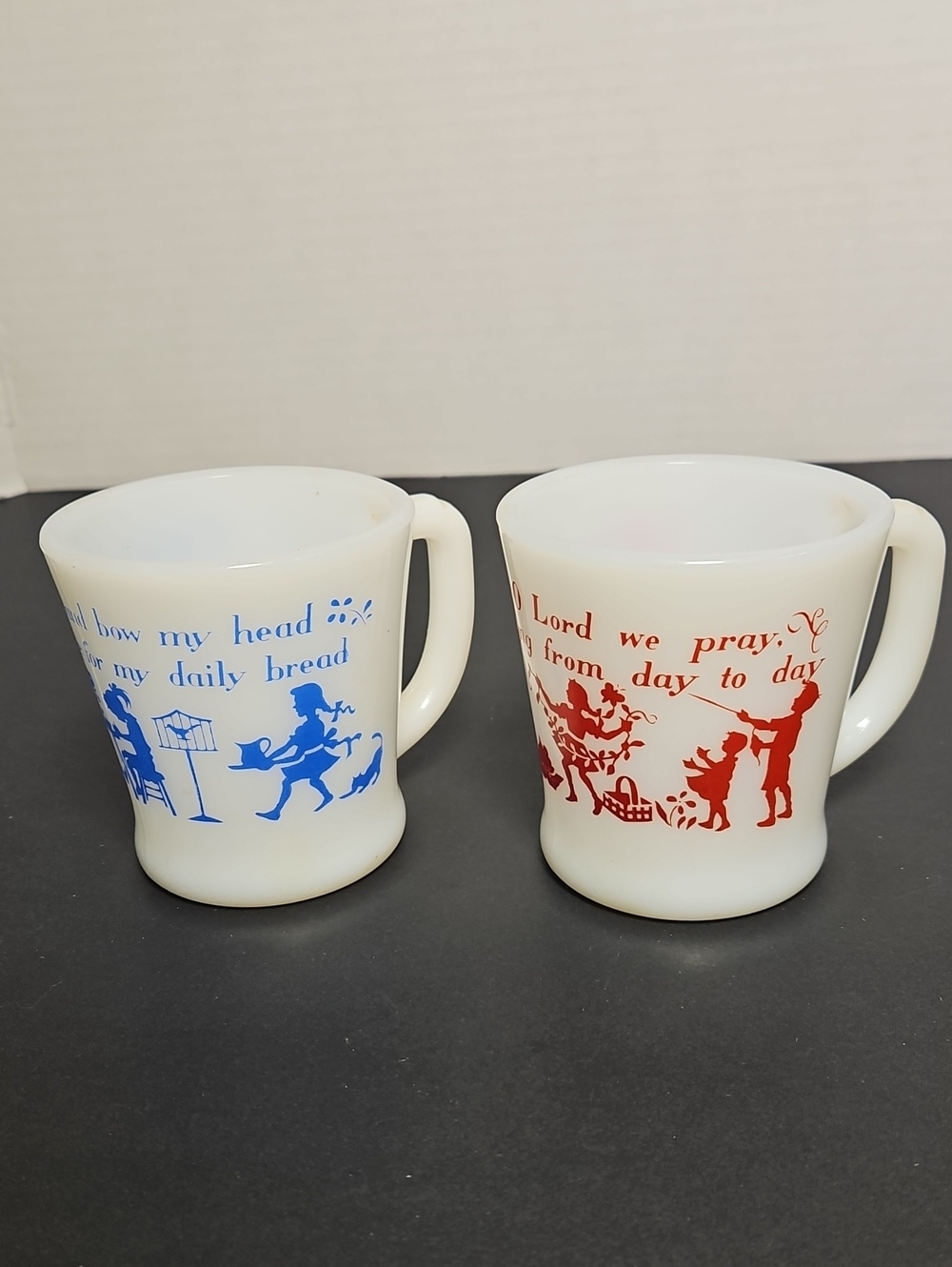 Vintage Fire King White Milk Glass Prayer Mugs Red and Blue Silhouette Designs